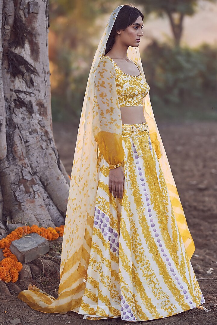 Ivory & Yellow Hand Embroidered Wedding Lehenga Set by Amita Gupta Sustainable at Pernia's Pop Up Shop