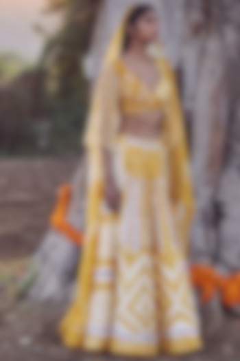 Ivory & Yellow Floral Printed Wedding Lehenga Set by Amita Gupta Sustainable at Pernia's Pop Up Shop