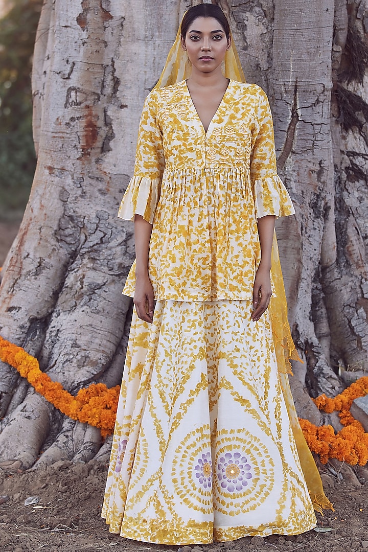 Ivory & Yellow Lehenga Set With Hand Embroidery by Amita Gupta Sustainable