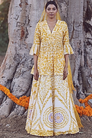Ivory & Yellow Lehenga Set With Hand Embroidery by Amita Gupta Sustainable