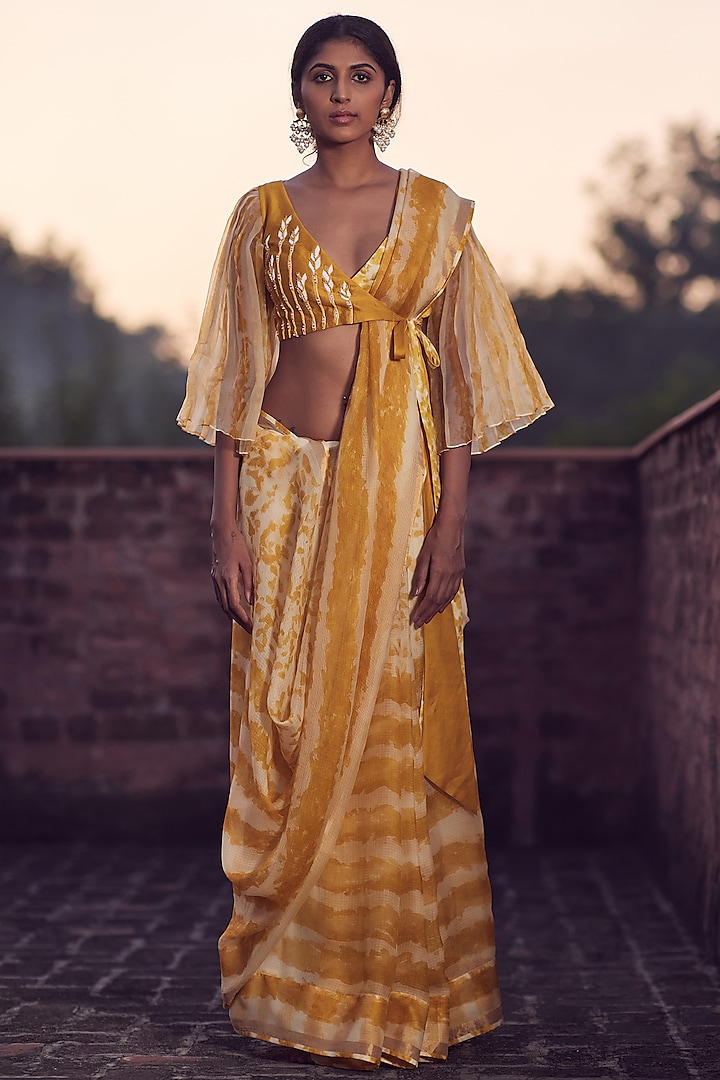 Ivory & Yellow Hand Embroidered Saree Set by Amita Gupta Sustainable