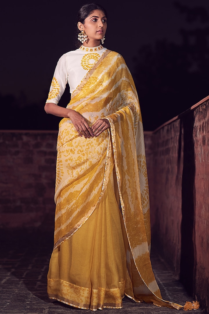Ivory & Yellow Saree Set With Floral Print by Amita Gupta Sustainable