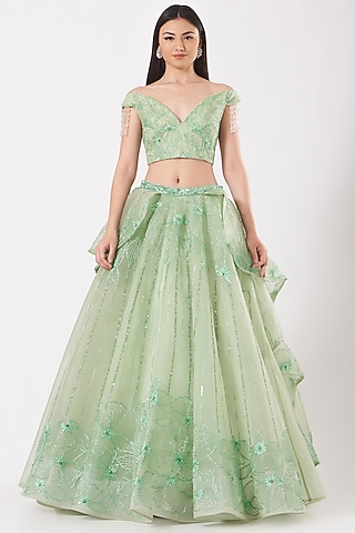 Mint Green Tulle Embroidered Lehenga Set by AMIT GT