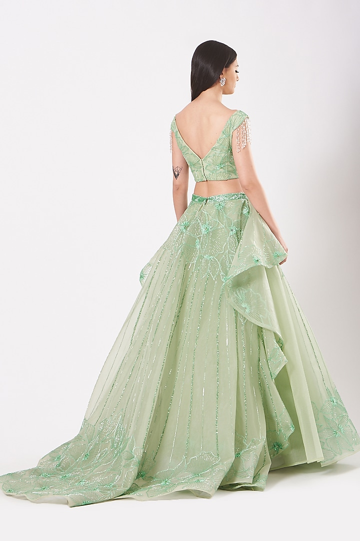 Mint Green Tulle Embroidered Bridal Lehenga Set by AMIT GT at Pernia's Pop Up Shop