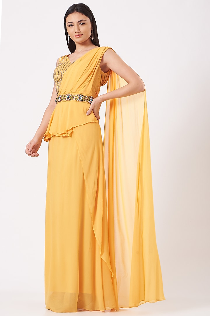 Yellow Georgette Draped Saree Set With Belt by AMIT GT