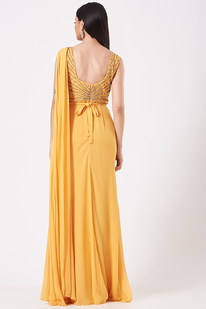 Yellow Georgette Draped Wedding Saree Set With Belt by AMIT GT at Pernia's Pop Up Shop