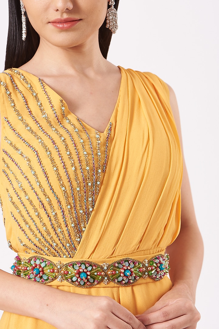 Yellow Georgette Draped Wedding Saree Set With Belt by AMIT GT at Pernia's Pop Up Shop