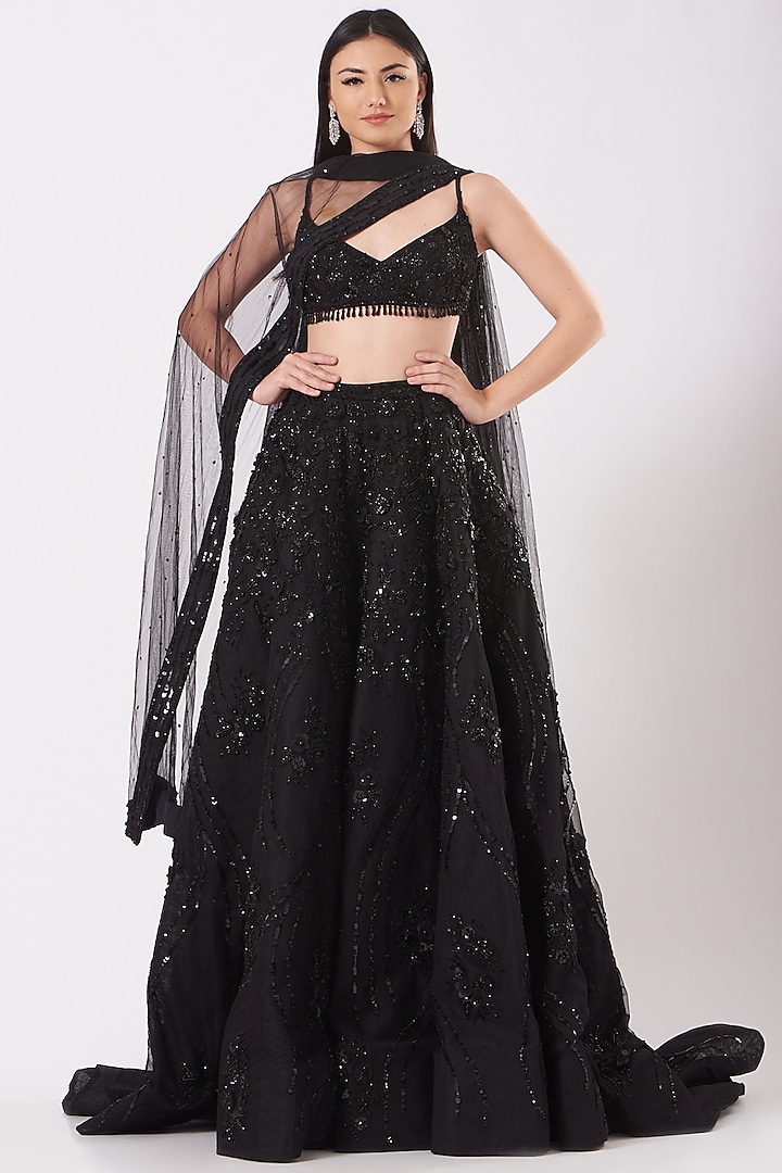 Black Tulle Embellished Bridal Lehenga Set by AMIT GT at Pernia's Pop Up Shop