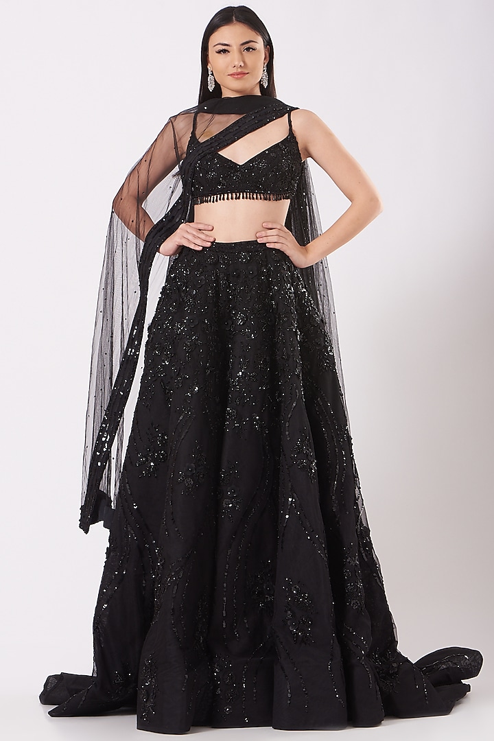 Black Tulle Embellished Lehenga Set by AMIT GT