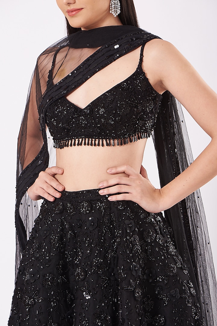 Black Tulle Embellished Bridal Lehenga Set by AMIT GT at Pernia's Pop Up Shop