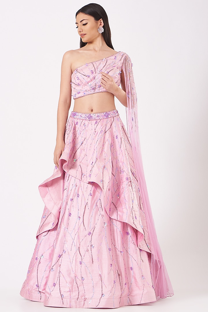 Blush Pink Embroidered Lehenga Set by AMIT GT