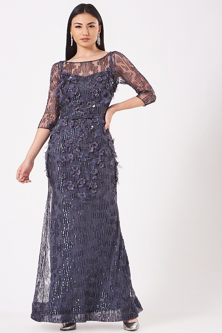 Dark Blue Hand-Embroidered Gown by AMIT GT