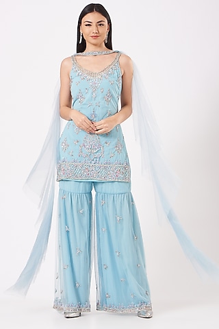 Light Blue Hand-Embroidered Sharara Set by AMIT GT
