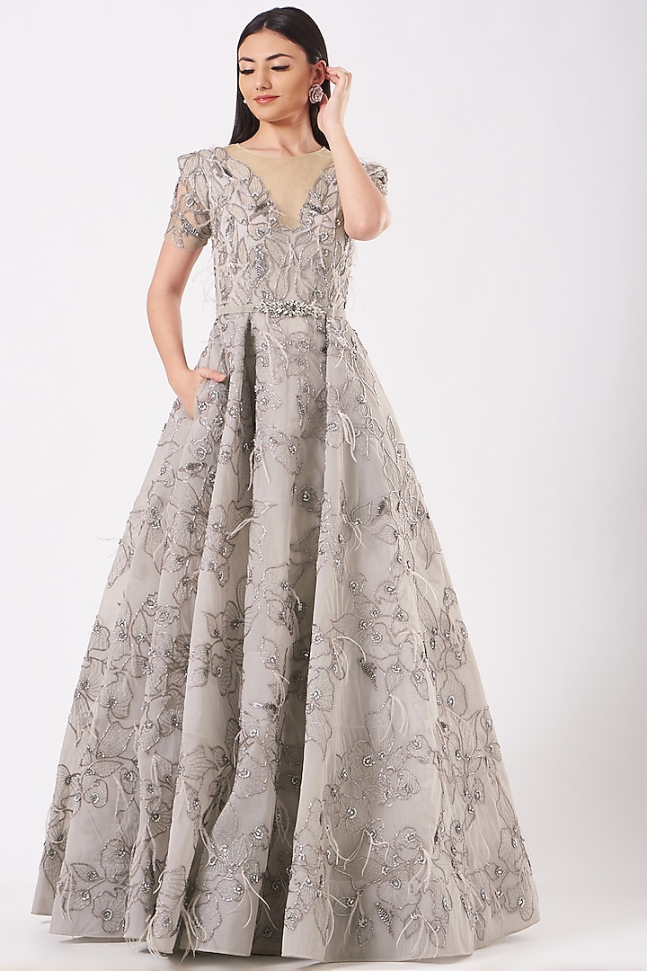 Grey Tulle Motifs Embroidered Gown by AMIT GT