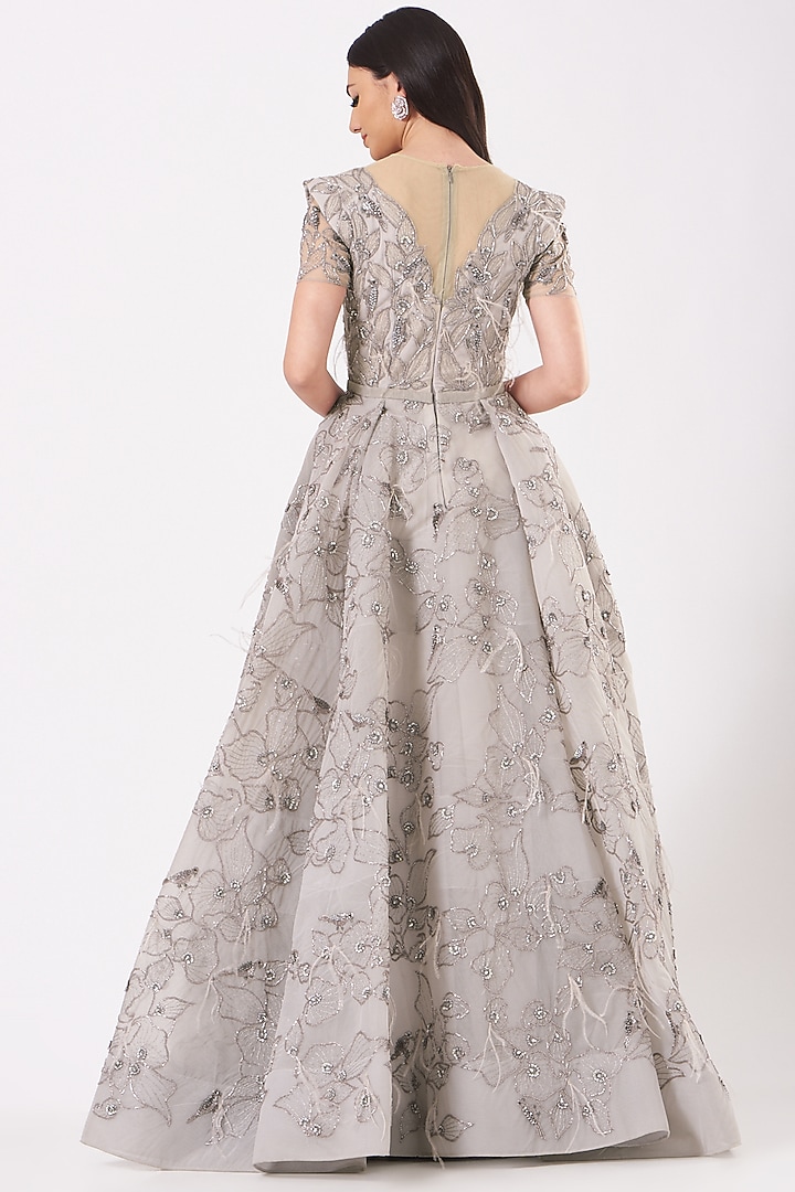 Grey Tulle Motifs Embroidered Bridal Gown by AMIT GT at Pernia's Pop Up Shop