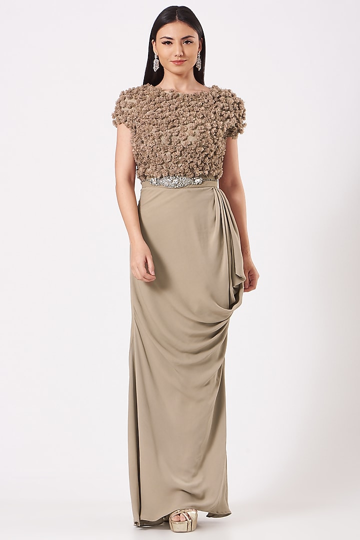 Beige Embroidered Gown With Belt by AMIT GT