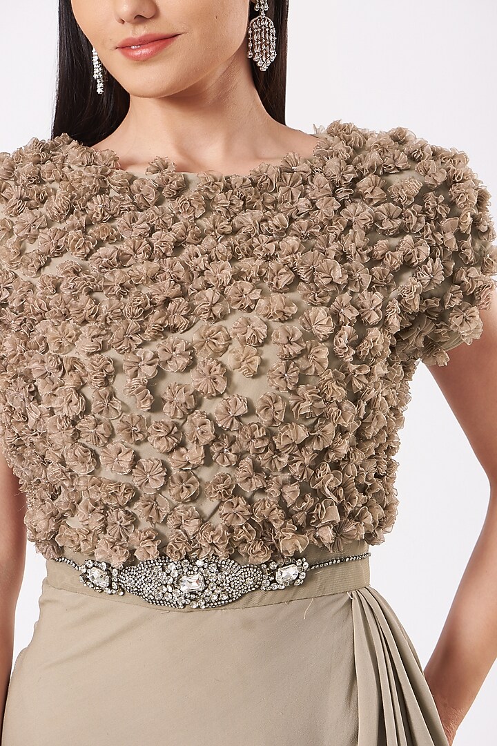 Beige Embroidered Engagement Gown With Belt by AMIT GT at Pernia's Pop Up Shop