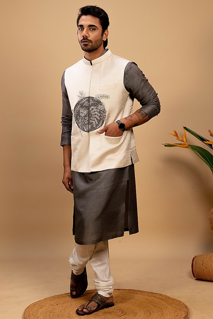 Ivory Silk Applique Embroidered Nehru Jacket Set by Agape Men