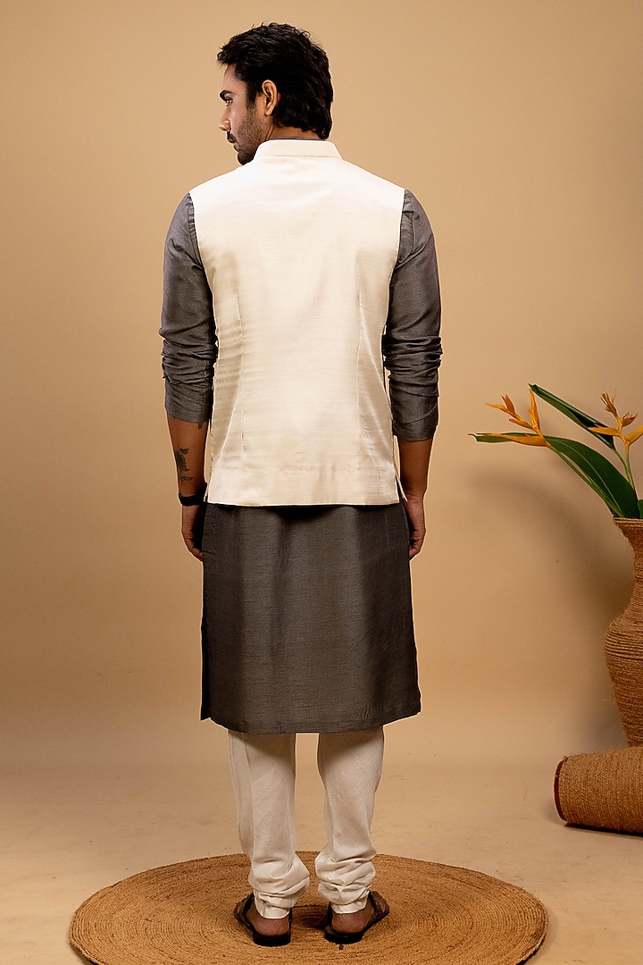 Ivory Silk Applique Embroidered Nehru Jacket Set by Agape Men at Pernia's Pop Up Shop