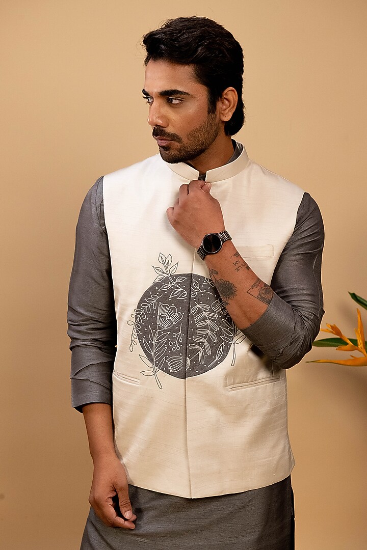 Ivory Silk Applique Embroidered Nehru Jacket Set by Agape Men at Pernia's Pop Up Shop