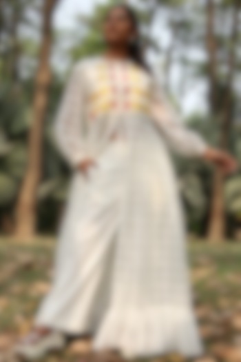 Ivory Handwoven Jacket Dress With Trousers by Amita Gupta Sustainable
