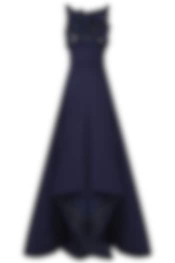 Midnight Blue 3D Floral Embroidered High Low Ball Gown by AMIT GT