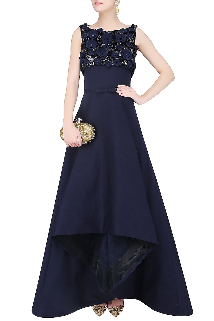 Midnight blue 3D floral embroidered high low ball gown available only at Pernia's Pop Up Shop.