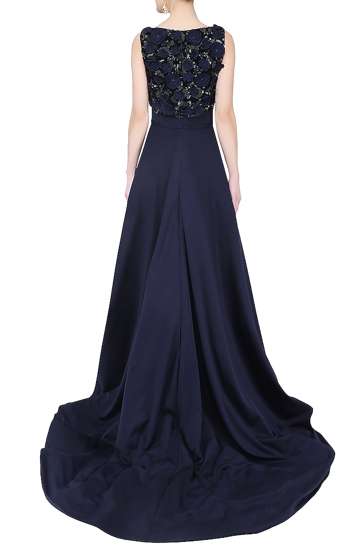 Midnight blue 3D floral embroidered high low ball gown available only at Pernia's Pop Up Shop.