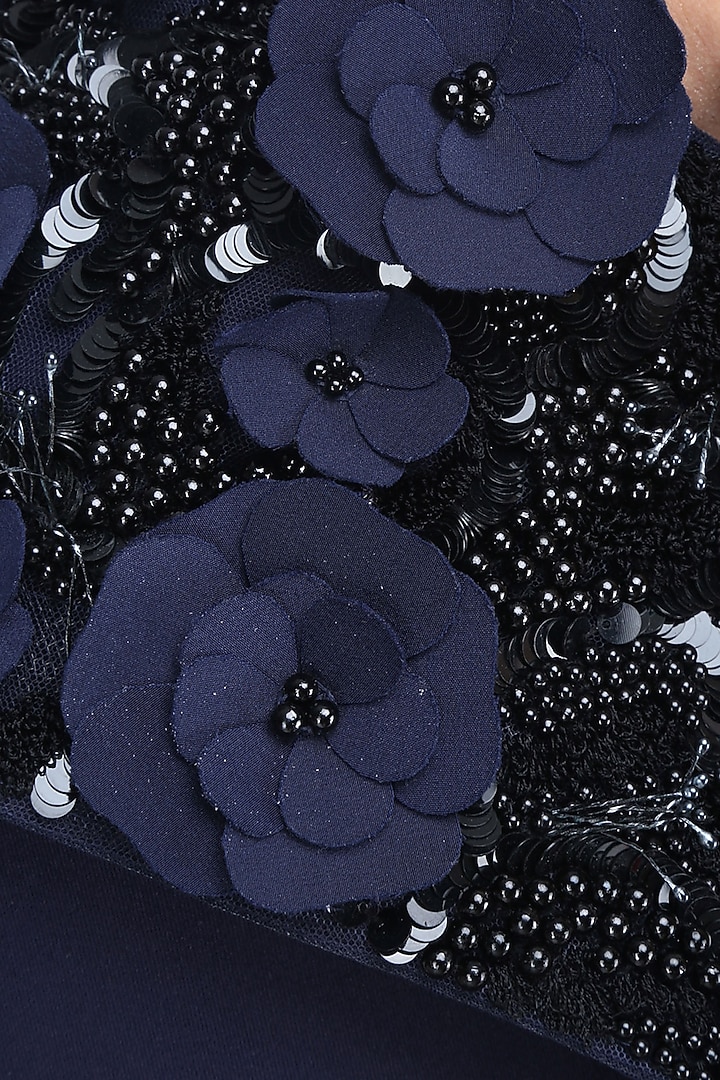Midnight blue 3D floral embroidered high low ball gown available only at Pernia's Pop Up Shop.