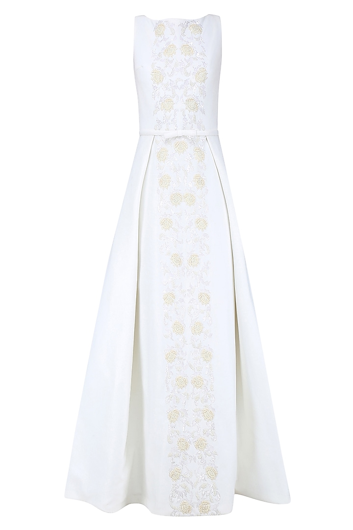 Off White and Gold 3D Floral Embroidered Ball Gown by AMIT GT