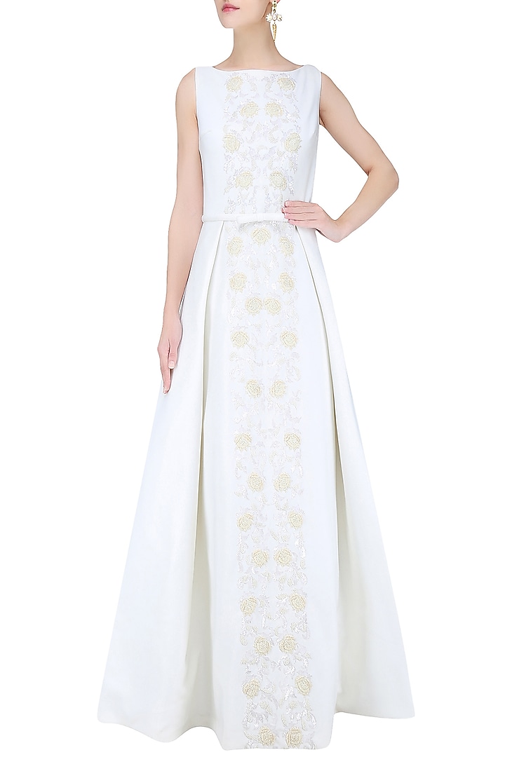 Off white and gold 3D floral embroidered ball gown available only at Pernia's Pop Up Shop.
