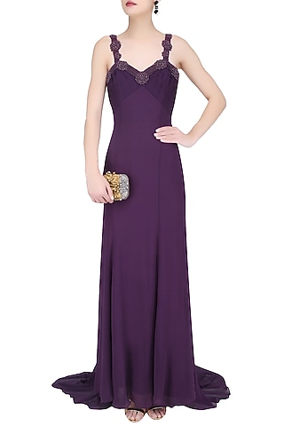 Purple Pearl Embroidered Strappy Gown by AMIT GT