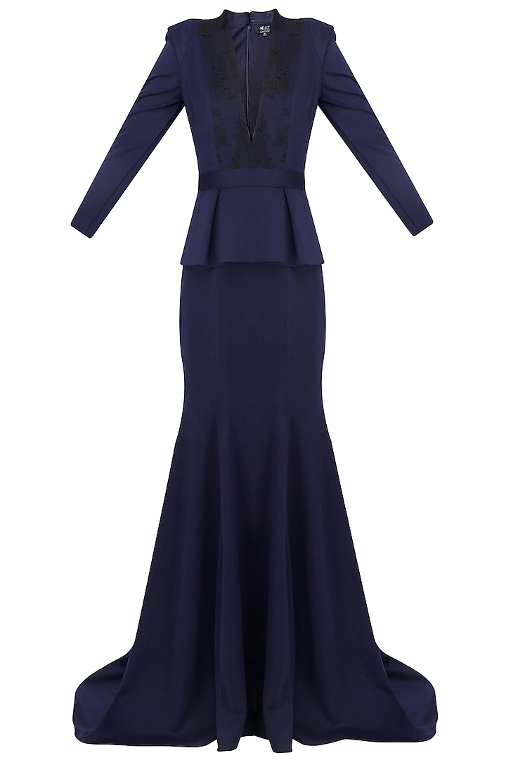 Navy Blue In Built Peplum Coat and Short Train Gown by AMIT GT