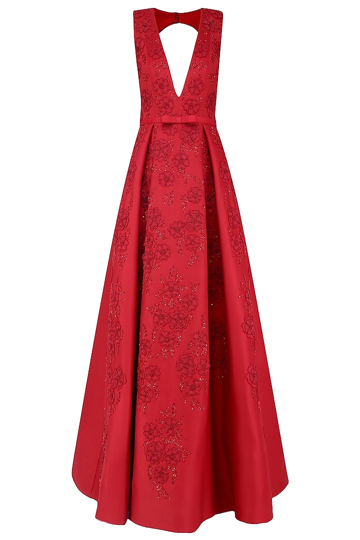 Red 3D Floral Embroidered Motifs Ball Gown by AMIT GT