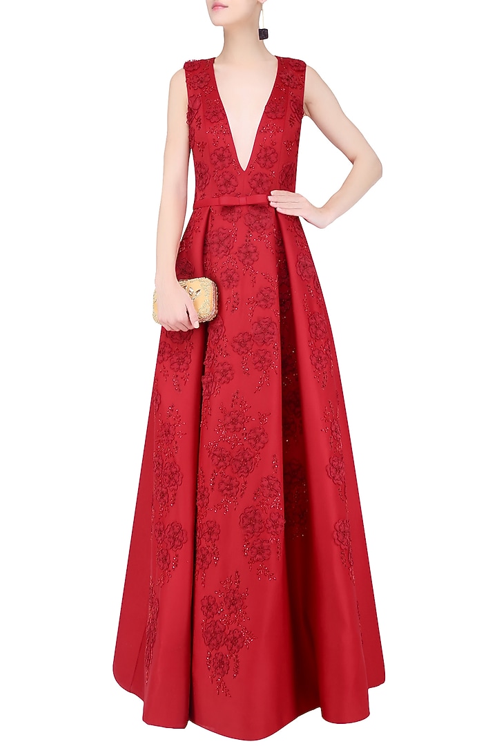 Red 3D floral embroidered motifs ball gown available only at Pernia's Pop Up Shop.