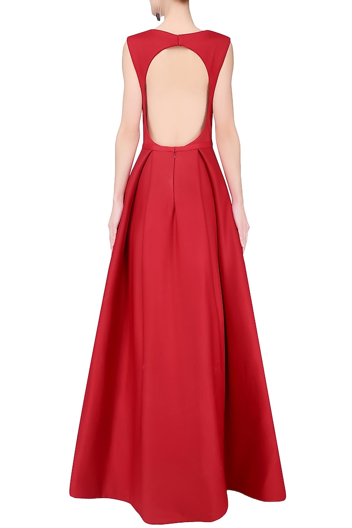 Red 3D floral embroidered motifs ball gown available only at Pernia's Pop Up Shop.