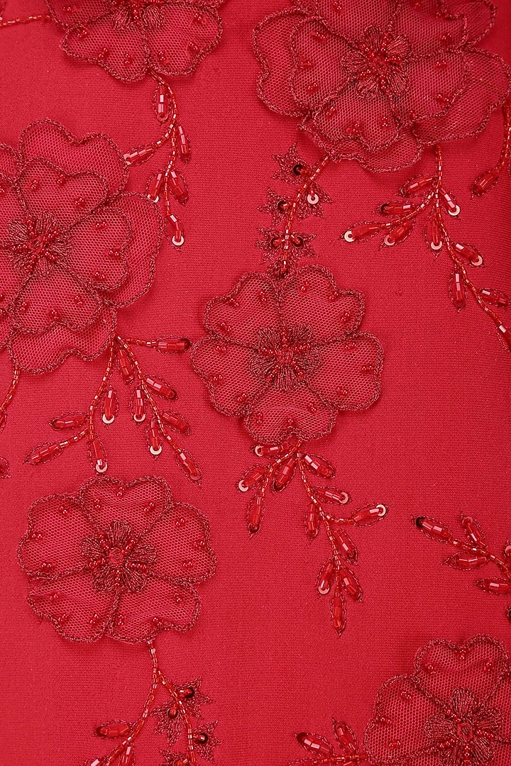 Red 3D floral embroidered motifs ball gown available only at Pernia's Pop Up Shop.