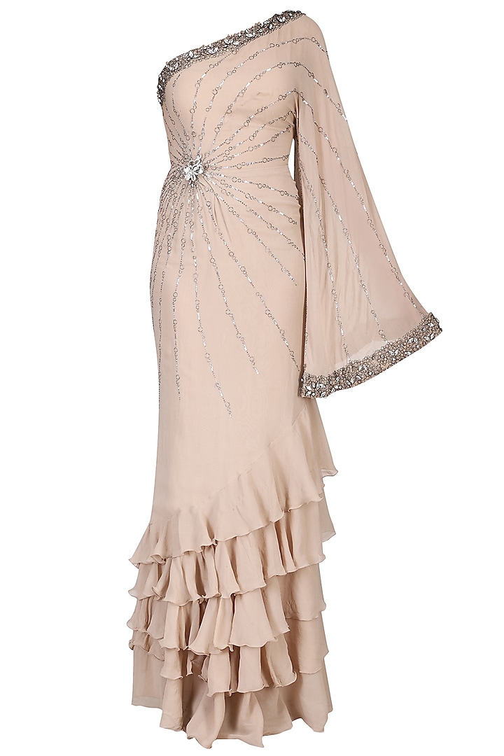 Beige embroidered gown saree available only at Pernia's Pop Up Shop.