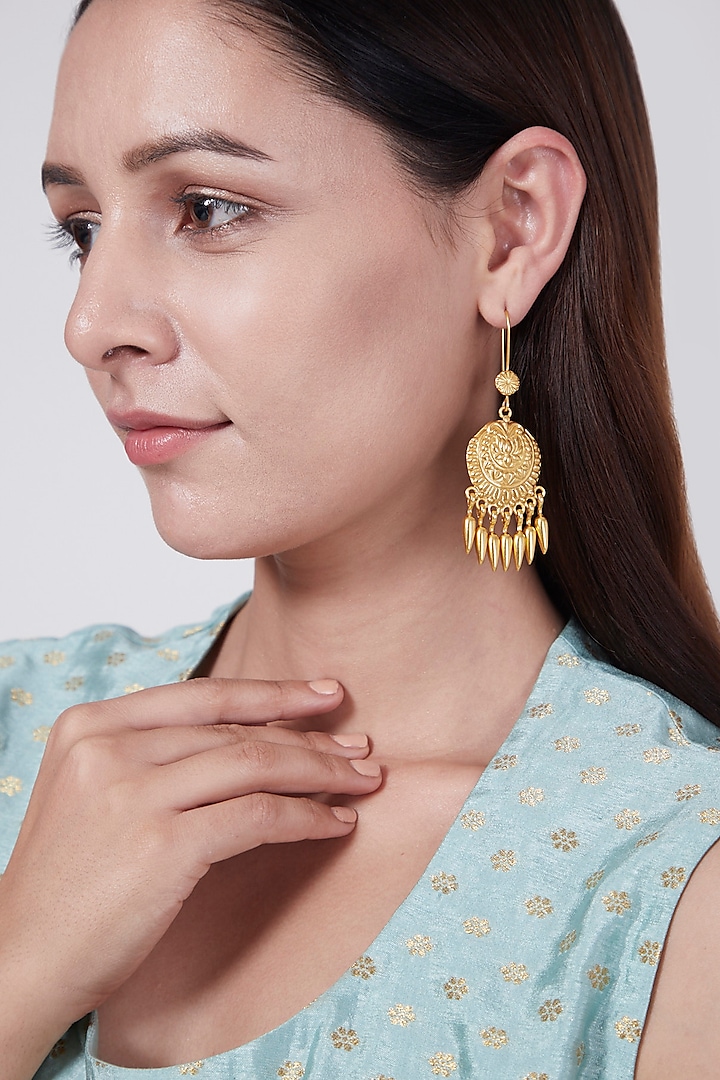Gold Finish Motif Earrings In Sterling Silver by Aaharya