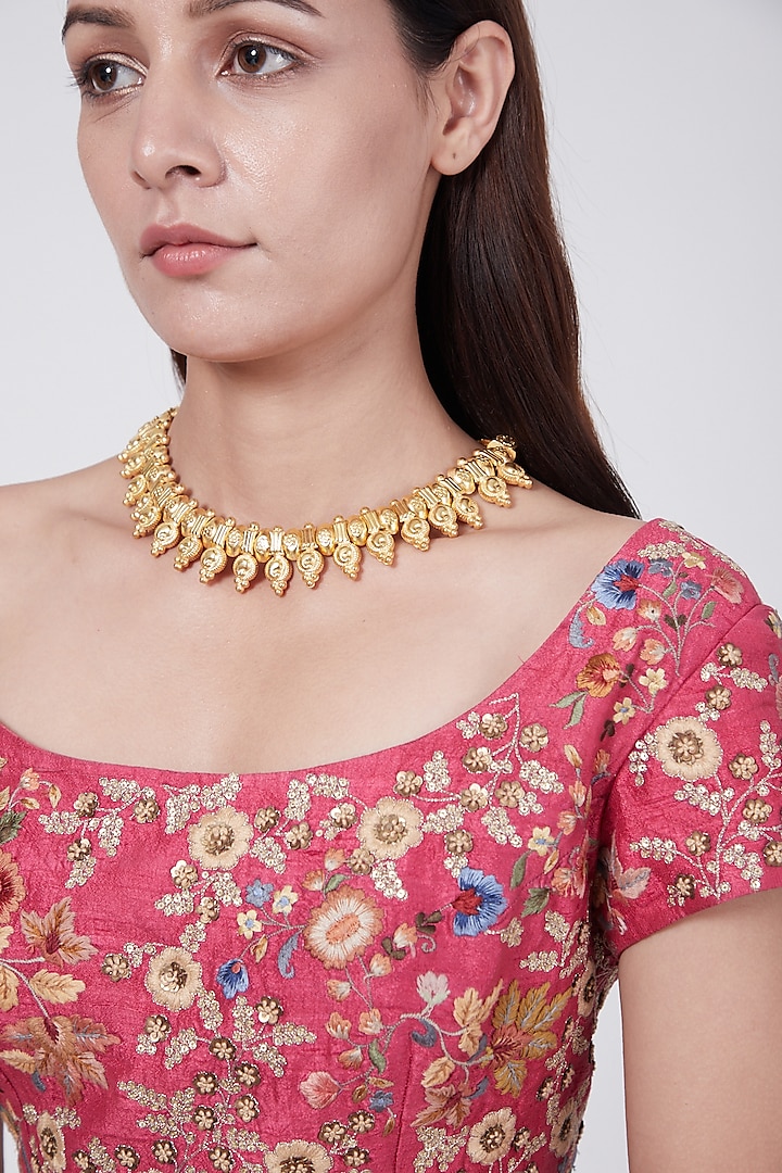 Gold Finish Choker Necklace In Sterling Silver by Aaharya
