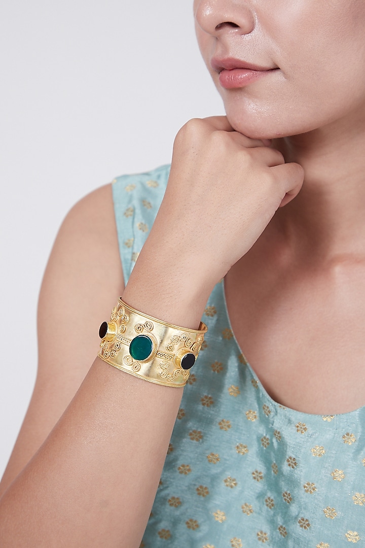 Gold Finish Kada Bangle With Semi Precious Stone In Sterling Silver by Aaharya