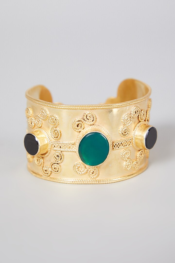 Gold Finish Kada Bangle With Semi Precious Stone In Sterling Silver by Aaharya at Pernia's Pop Up Shop