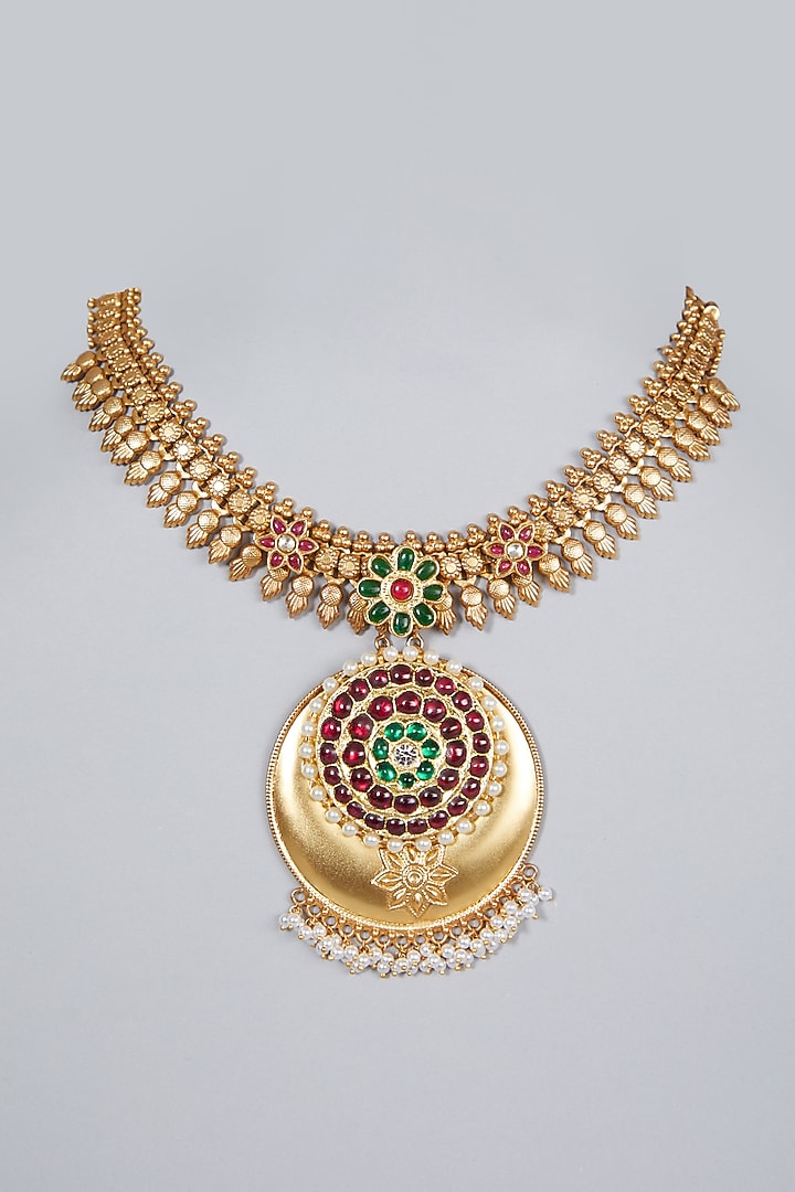 Gold Finish Gemstone & Kundan Polki Temple Necklace by Aaharya at Pernia's Pop Up Shop