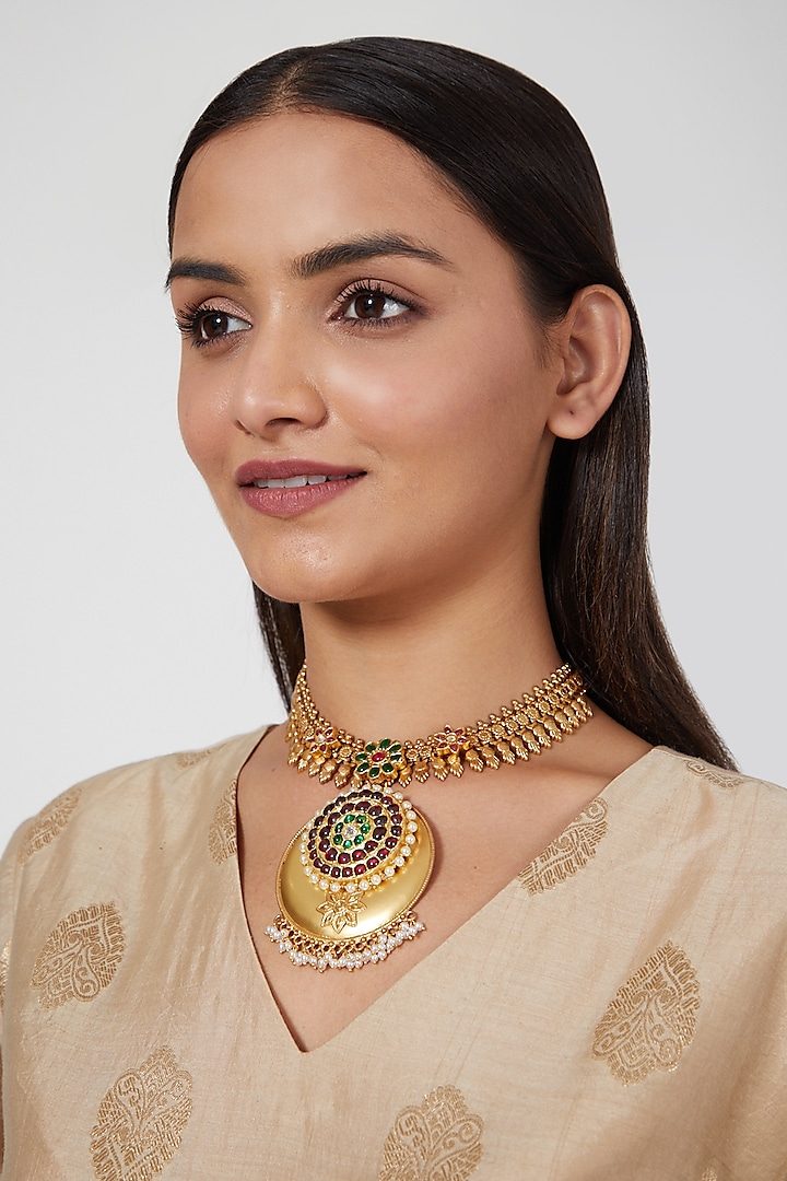 Gold Finish Gemstone & Kundan Polki Temple Necklace by Aaharya