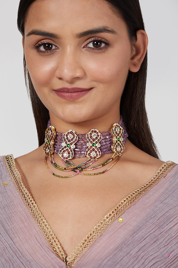 Gold Finish Amethyst Choker Necklace by Aaharya