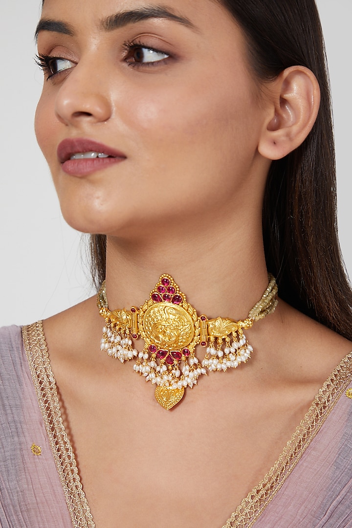 Gold Finish Pearl & Kemp Stone Necklace by Aaharya