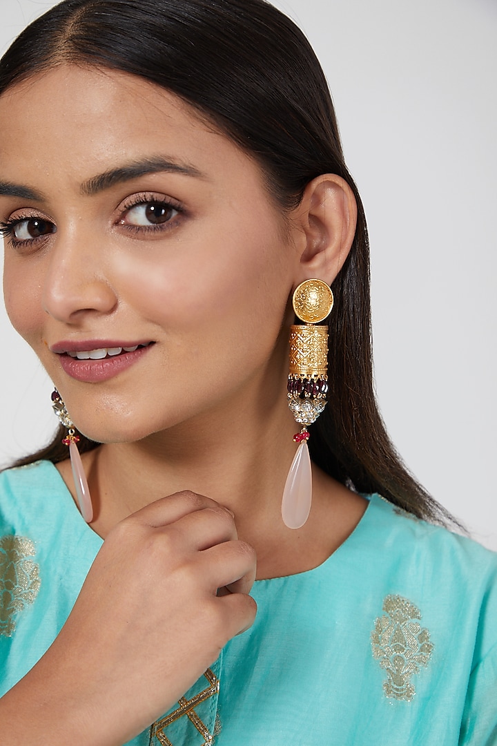 Gold Finish White Stone Earrings by Aaharya