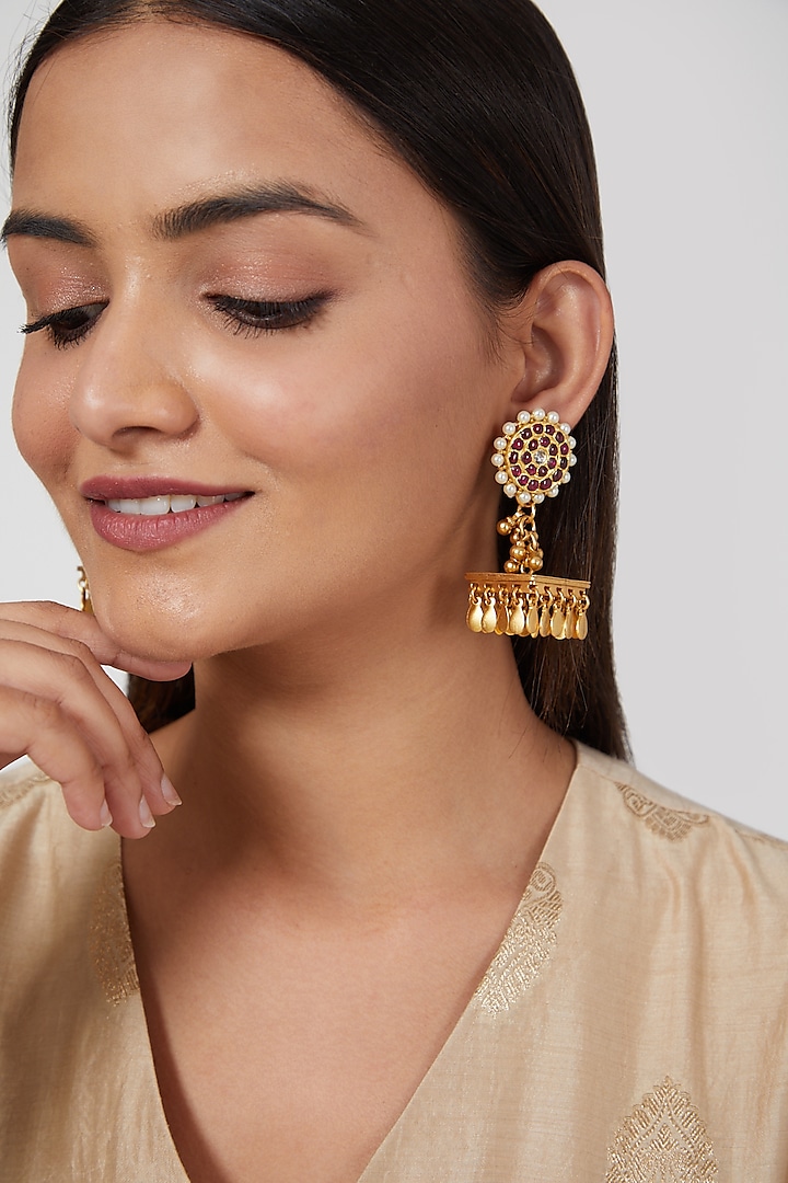 Gold Finish Floral Jhumka Earrings by Aaharya