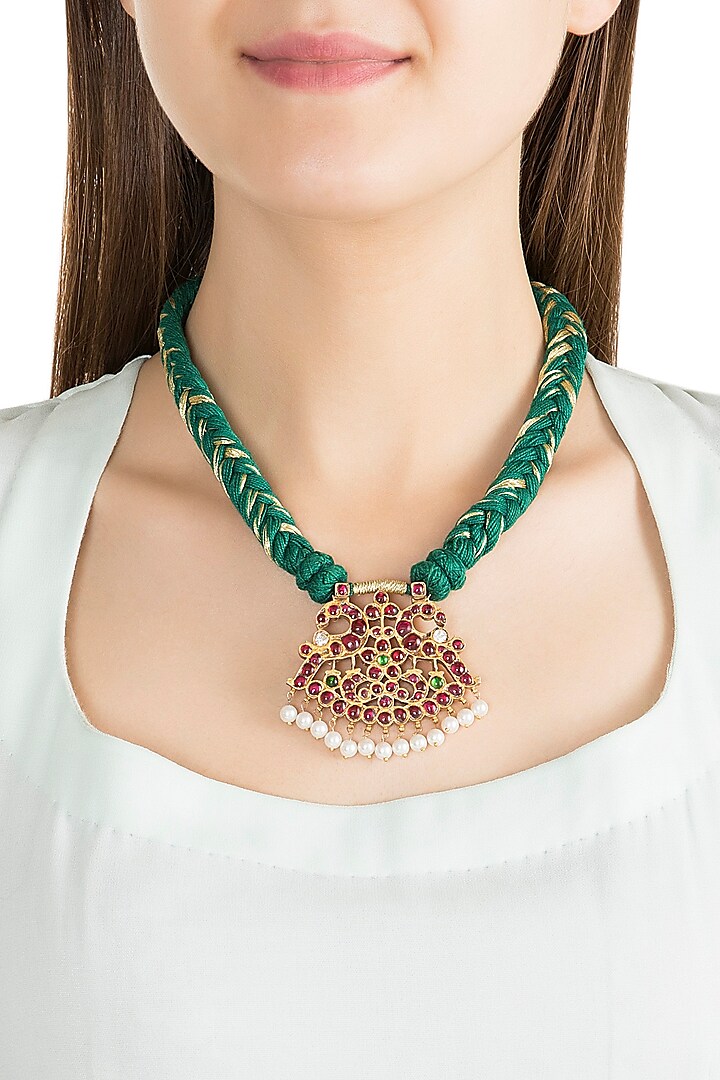 Gold Plated Kemp Stone Green Necklace In Sterling Silver by Aaharya
