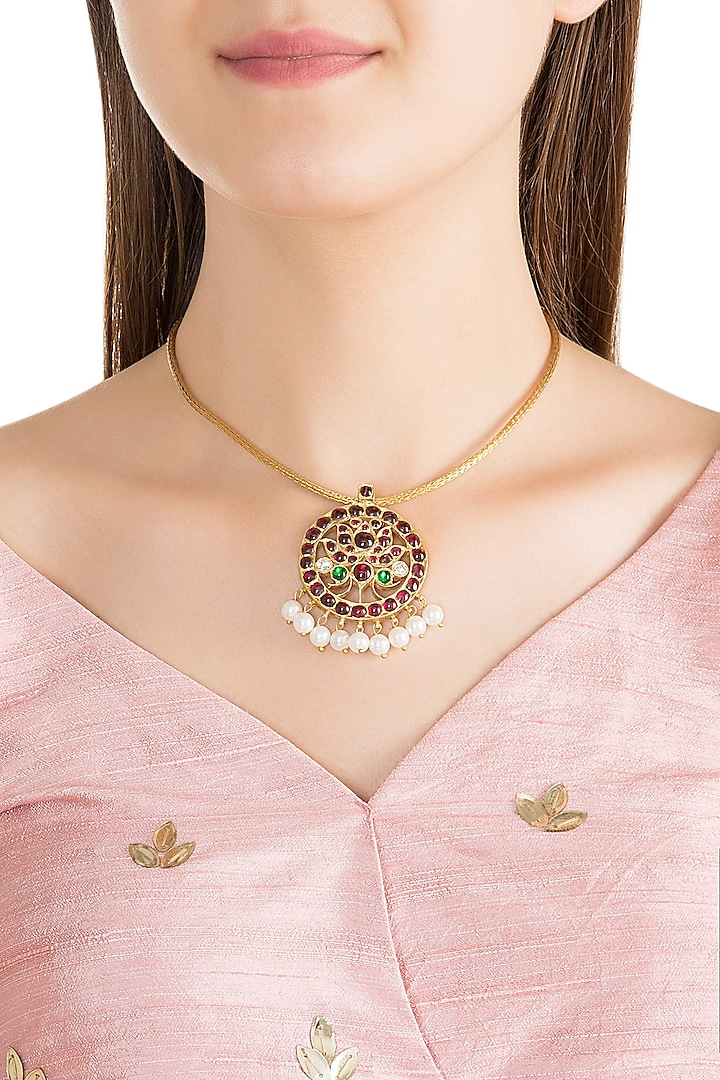 Gold Plated Kemp Stone & Pearl Lotus Pendant Necklace In Sterling Silver by Aaharya